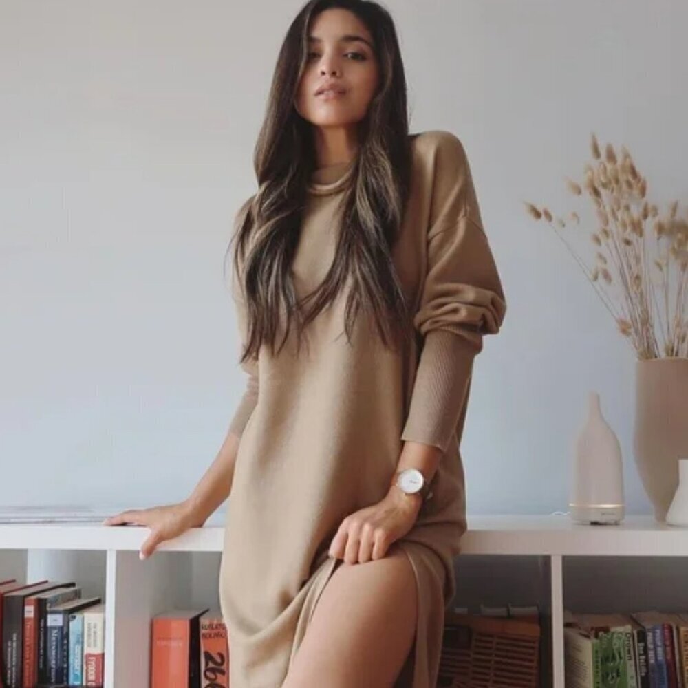Aritzia Wilfred Cyprie 100% Merino Wool Camel Tan Slit Sweater Dress Size XS